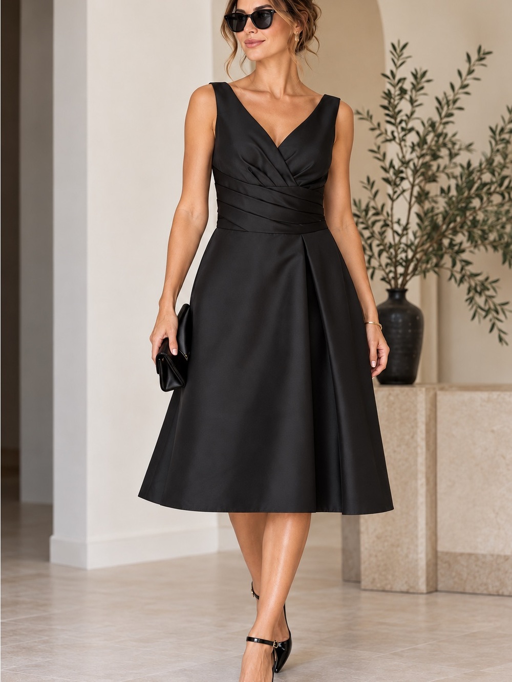 David’s Bridal Black Satin Fit & Flare Dress 4 Ruched V-Neck Cocktail Formal